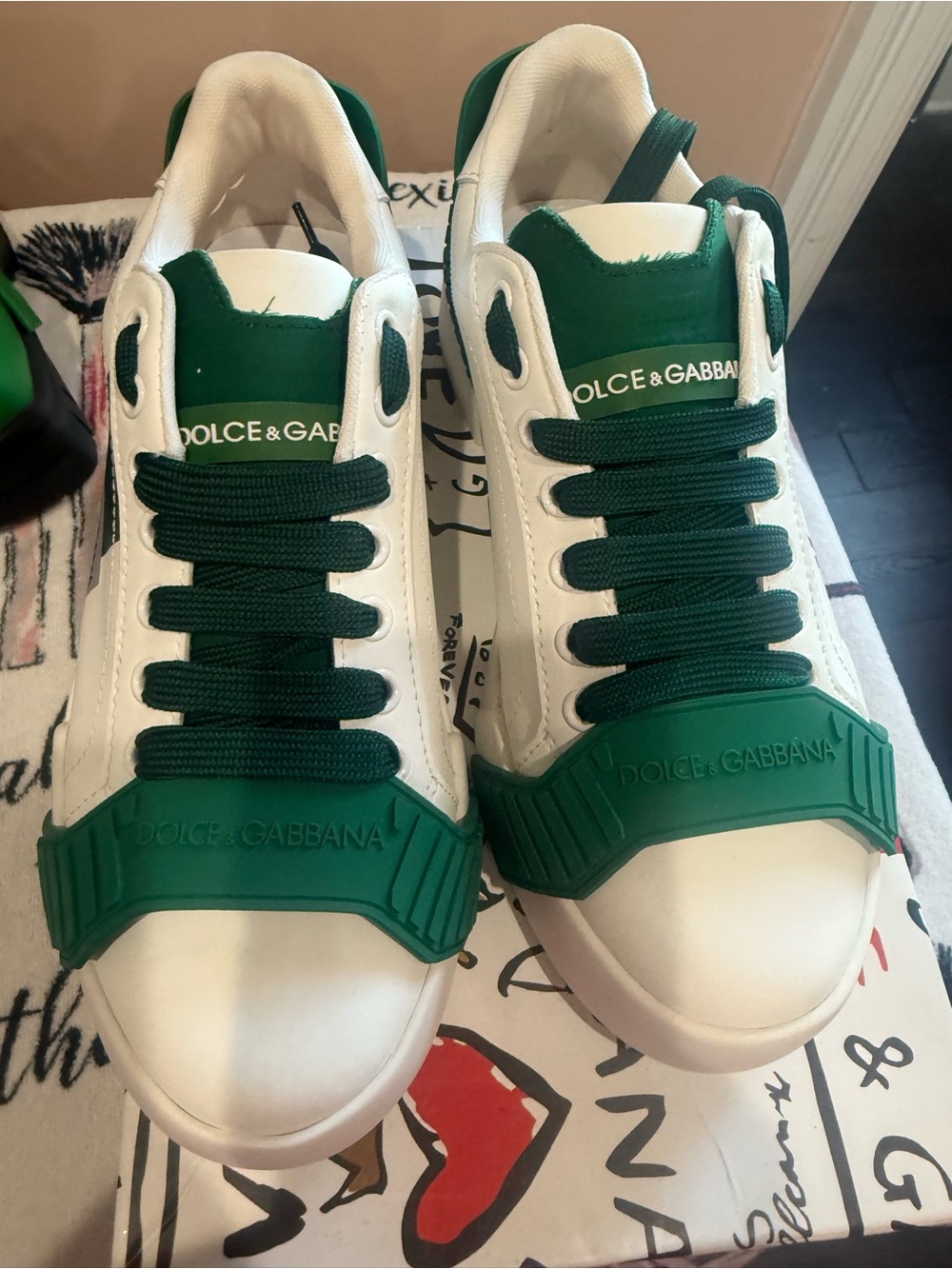 Dolce & Gabbana White Sneakers with Green Accents